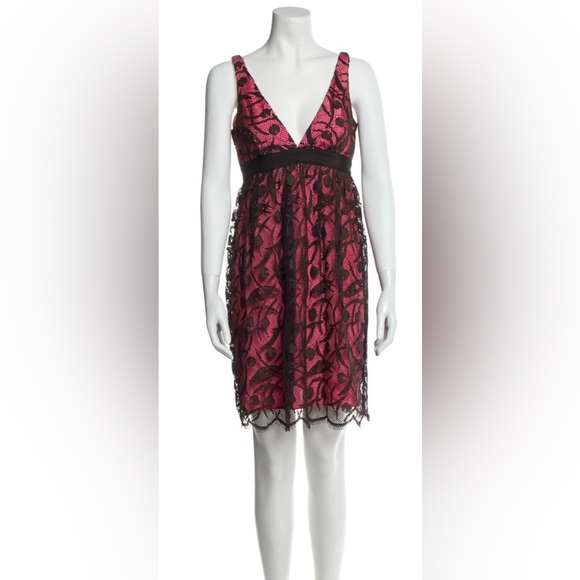 MILLY of New York Lace overlay Dress Floral Pink Brown V-Neck Empire Waist Shift - Picture 11 of 11